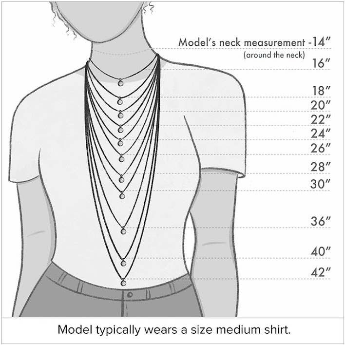 Sara Sela Jewelry brass open heart necklace length chart showing layered necklace sizes on model