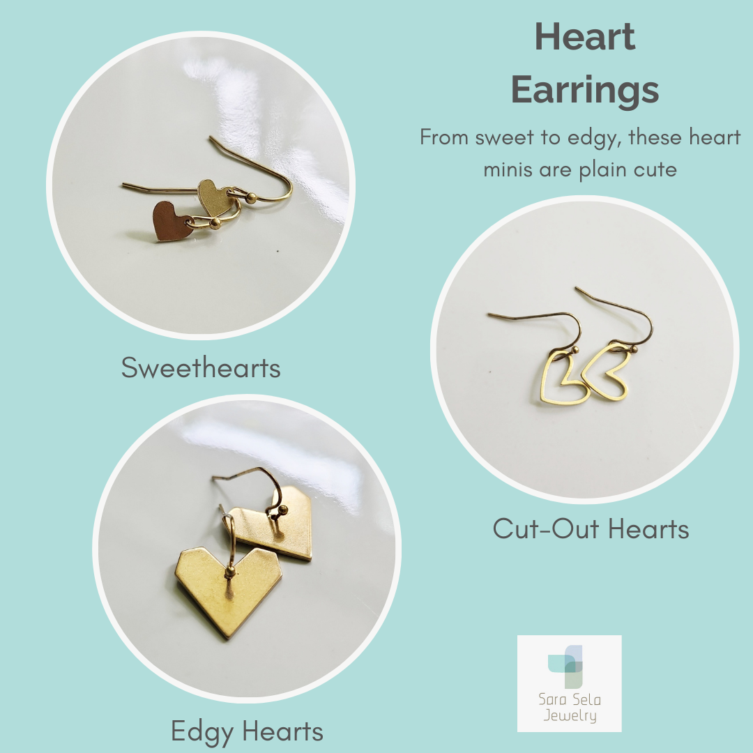 Sara Sela Jewelry collage of sweethearts cut out and edgy heart earrings on teal background brass open heart necklace inspired