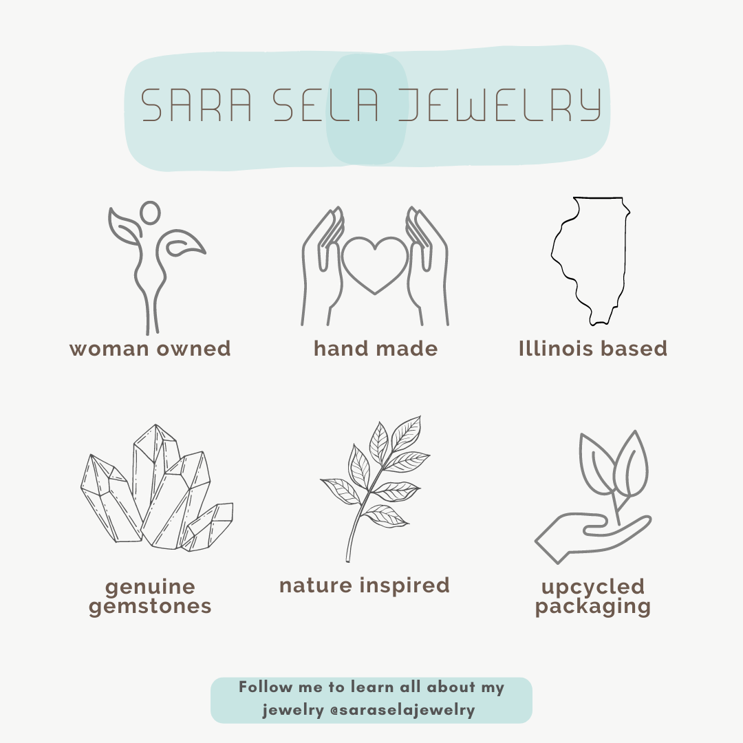 Sara Sela Jewelry banner with icons for woman owned handmade genuine gemstones and crescent rainbow moonstone earrings