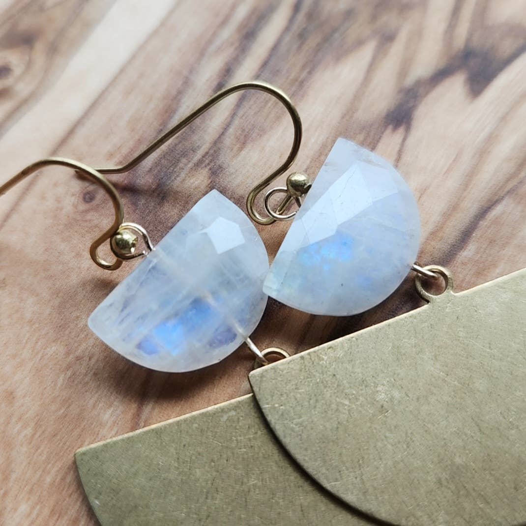 Sara Sela Jewelry crescent rainbow moonstone earrings faceted half moon stones on gold hooks
