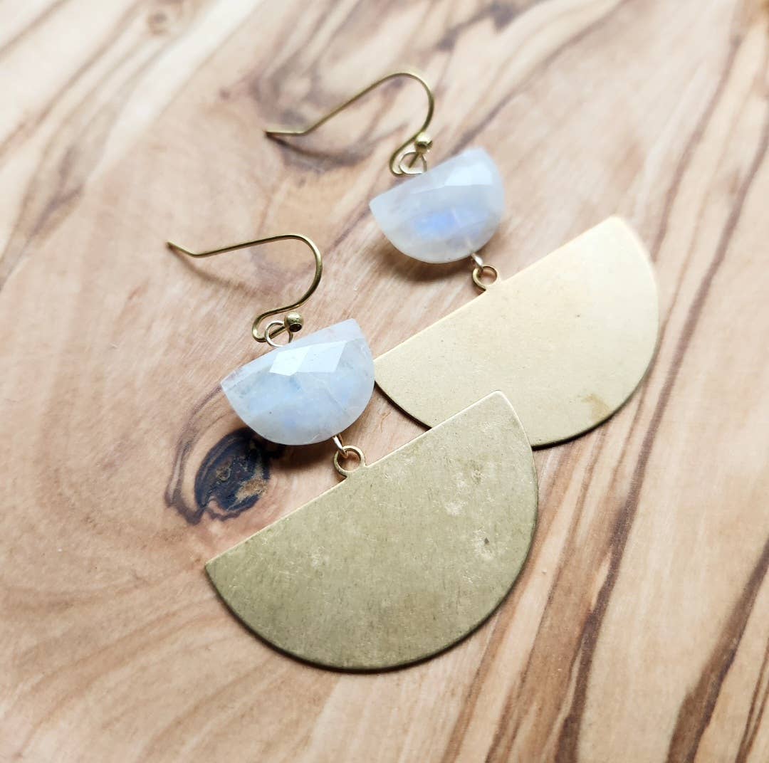 Sara Sela Jewelry crescent rainbow moonstone earrings with faceted moonstone halves and brass semicircle dangles