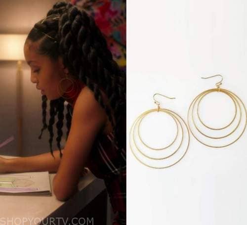 Sara Sela Jewelry brass circle hoop dangle earrings triple concentric gold hoops shown on model and flat lay