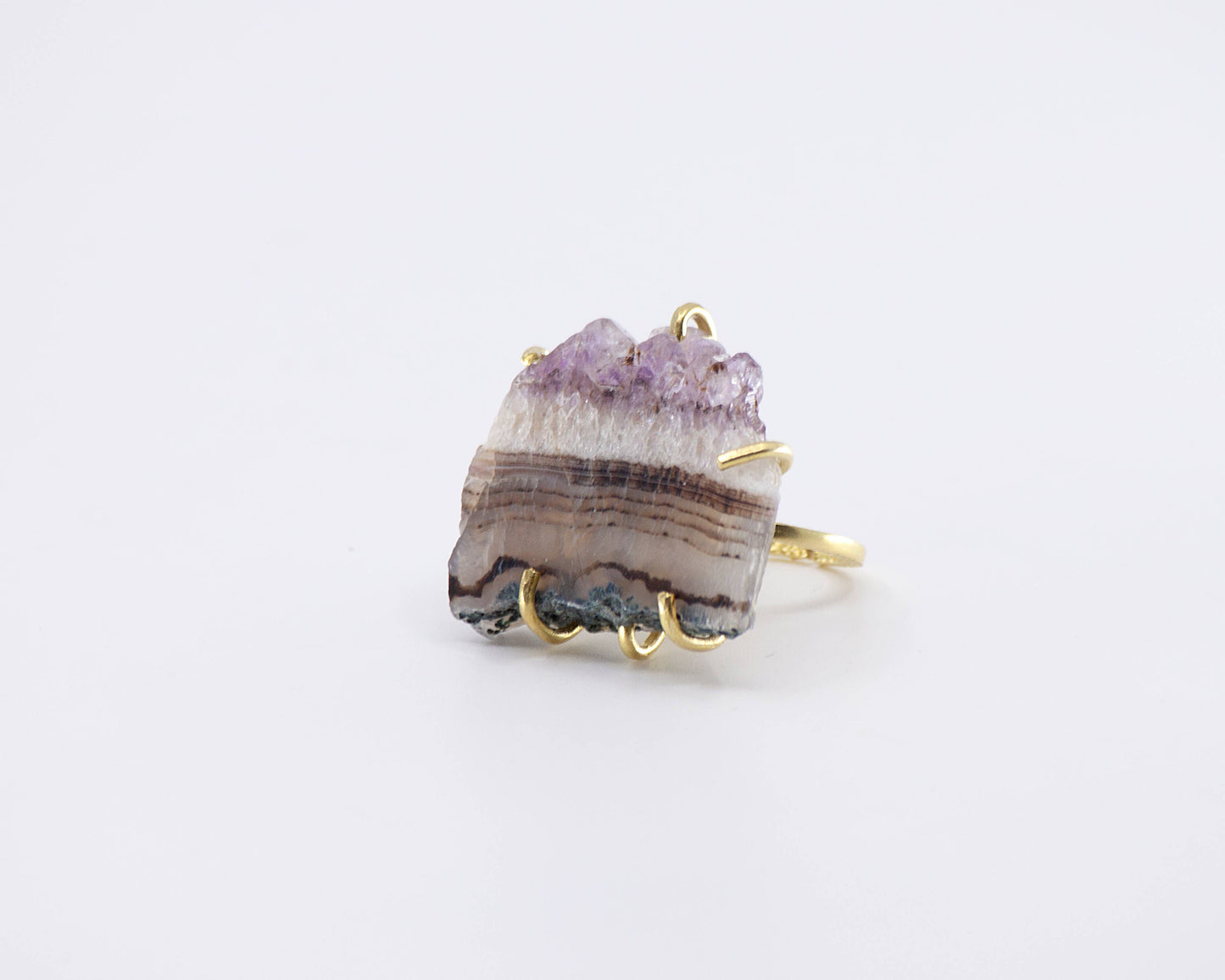 Sara Sela jewelry amethyst ring raw purple druzy slice with banded stone and gold prong setting