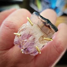 Sara Sela jewelry amethyst ring raw rough amethyst crystal in gold prong setting on adjustable band handmade boho