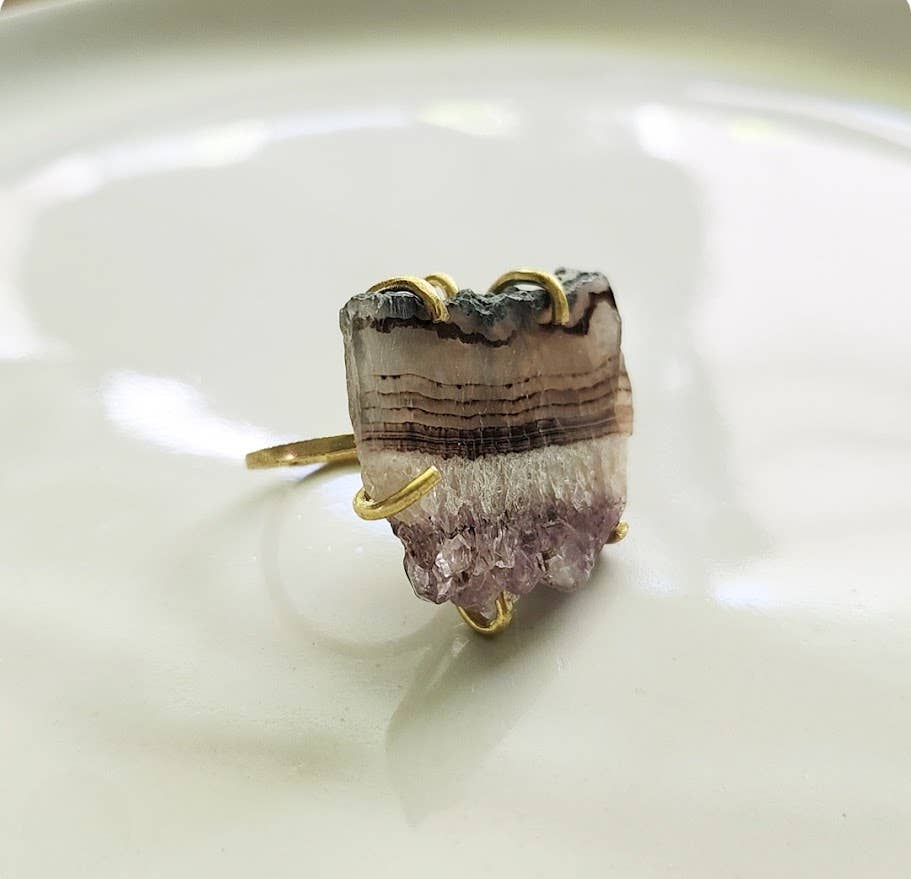 Sara Sela jewelry amethyst ring raw banded amethyst slice with purple druzy and gold prong setting on thin gold band