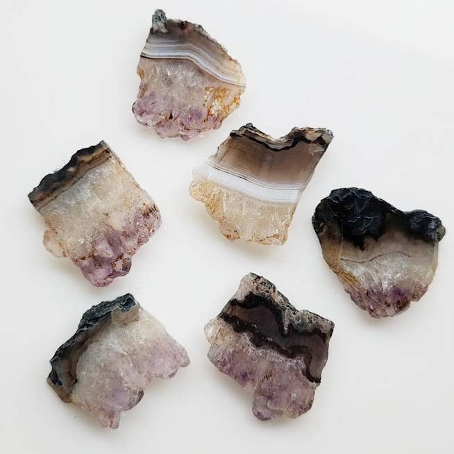 Sara Sela jewelry amethyst ring rough drusy amethyst slices with agate banding for handmade rings set of six