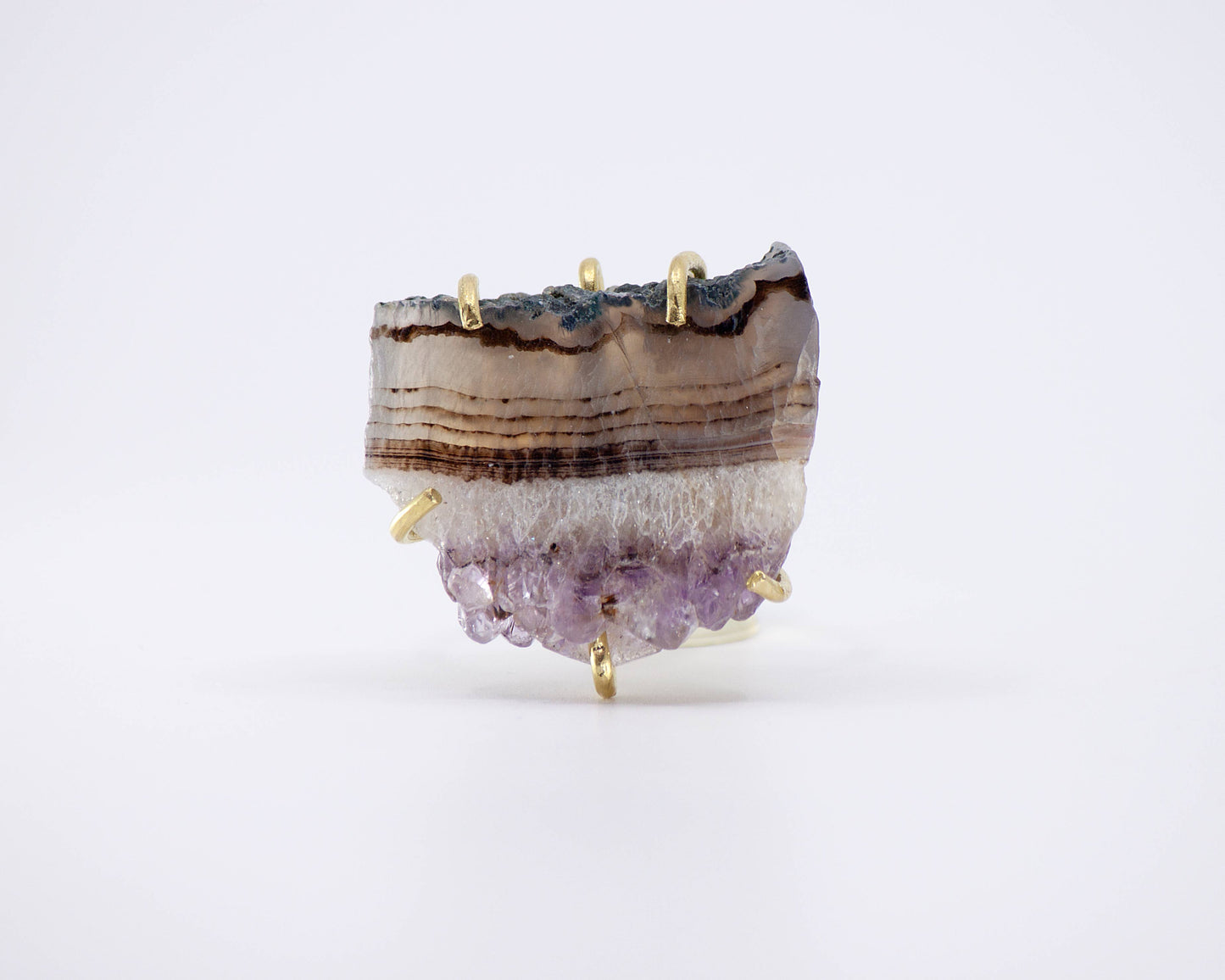 Sara Sela jewelry amethyst ring raw purple druzy slice set in gold prongs artisanal statement ring