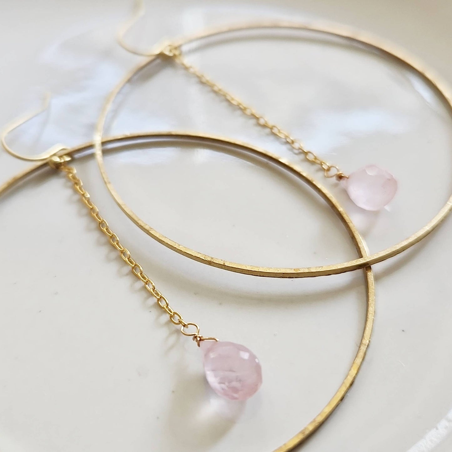 Gold hammered hoop earrings with fine chain and faceted rose quartz teardrop charms rose quartz hoop earrings