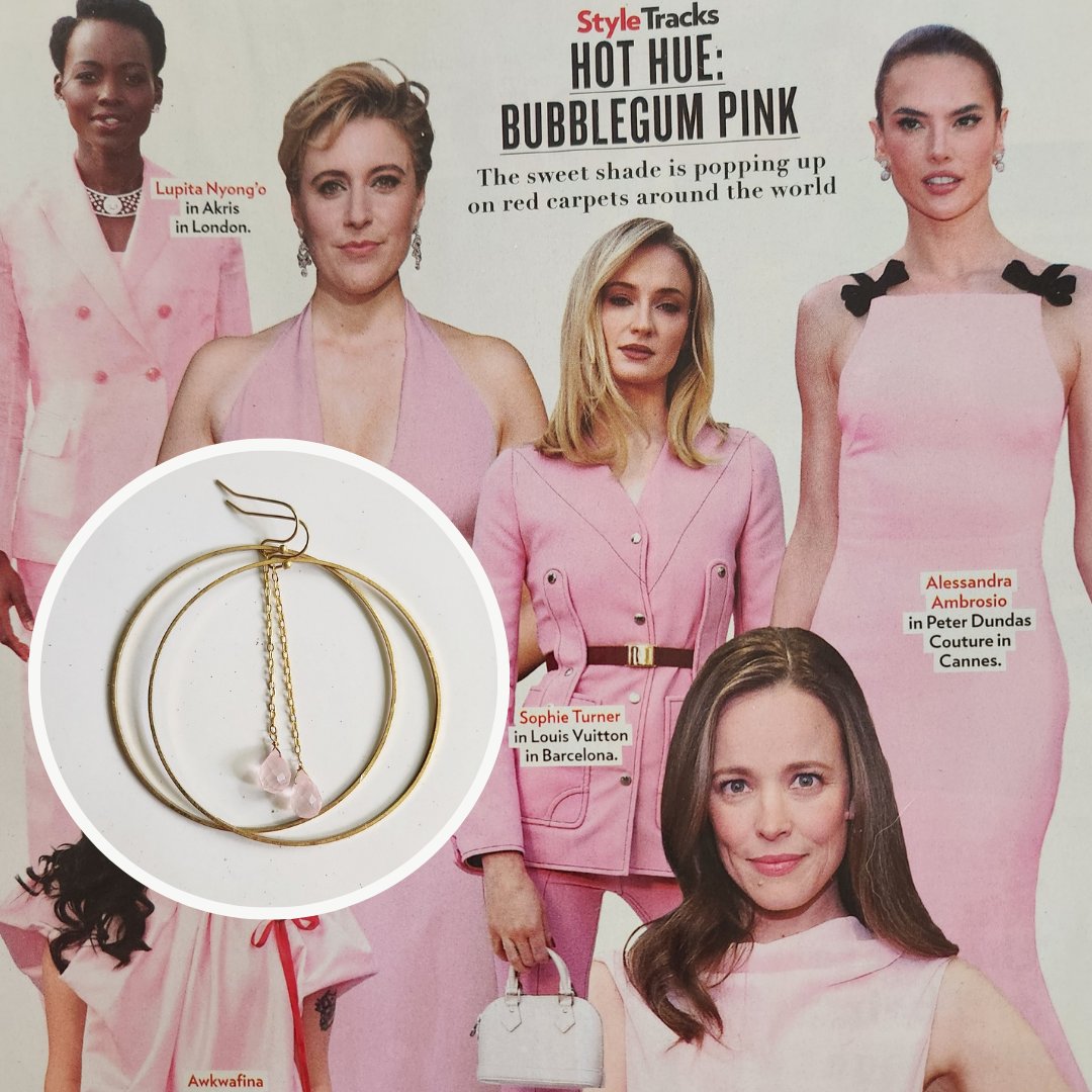 Sara Sela Jewelry rose quartz hoop earrings with gold hoops and dangling rose quartz chips on chain