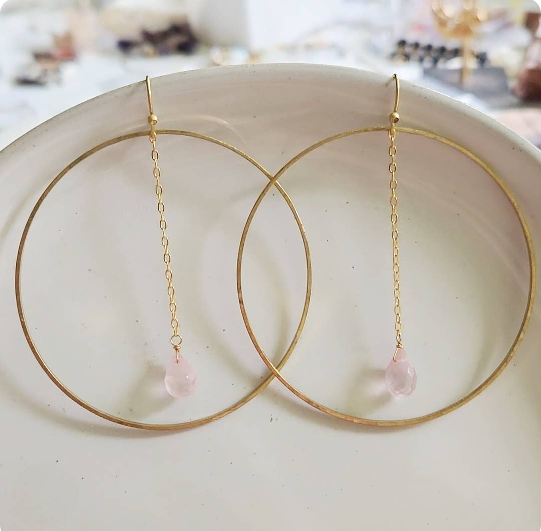 Sara Sela Jewelry rose quartz hoop earrings gold large hoops with dangling chain and teardrop stones