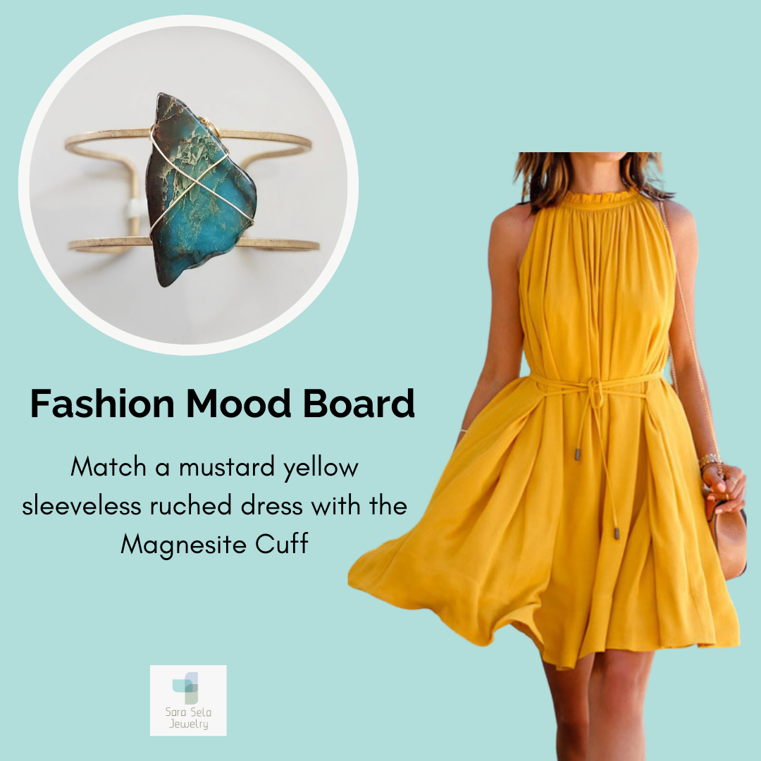 Fashion mood board showing sea blue magnesite cuff bracelet paired with mustard yellow ruched dress