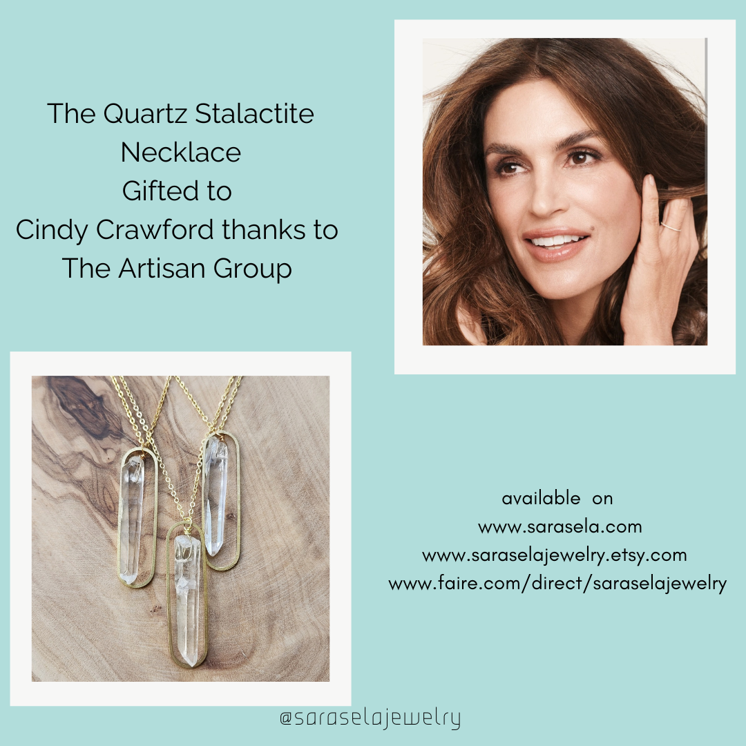 Sara Sela Jewelry promo image with three clear quartz pendants on gold chains and model wire wrapped quartz crystal earrings
