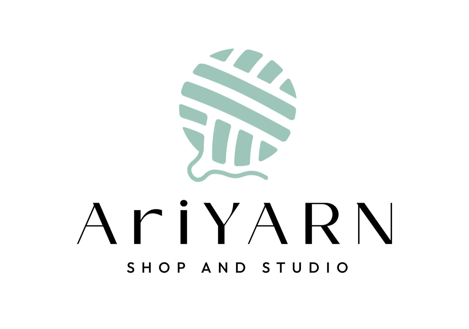Logo of AriYARN shop and studio featuring a mint green yarn ball and black text for in-person classes and workshops