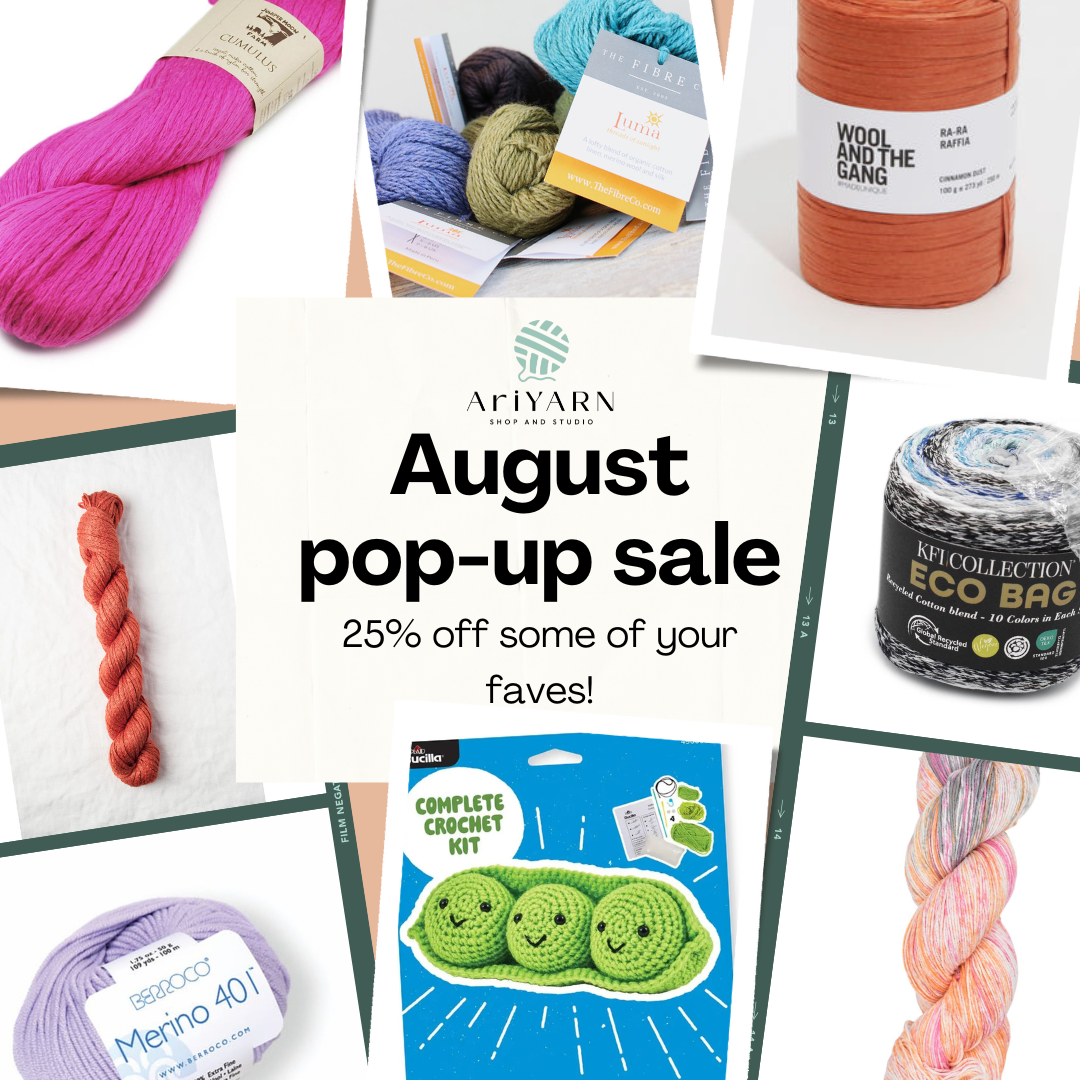 AriYARN August 2025 Pop-Up Sale banner with yarn skeins and text promoting 25% off app-exclusive yarn and crochet kits.