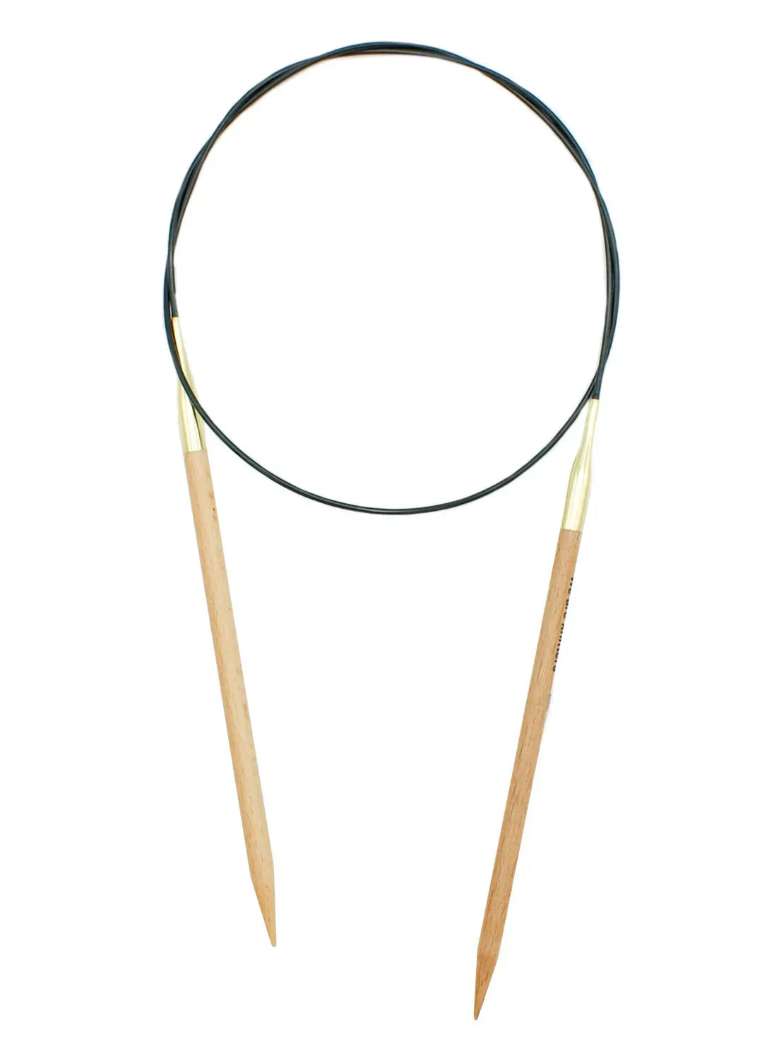 Stainless steel circular knitting needles with smooth, satin finish and red nylon-coated flexible cable.