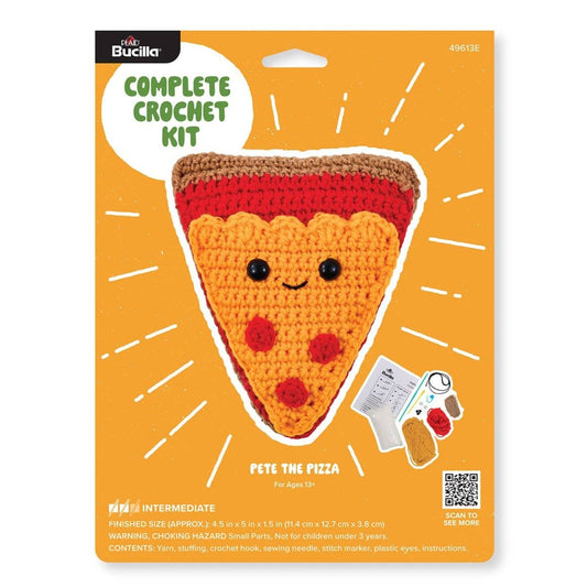 Bucilla Pete the Pizza crochet kit by Plaid Crafts package showing completed smiling pizza slice plush and materials