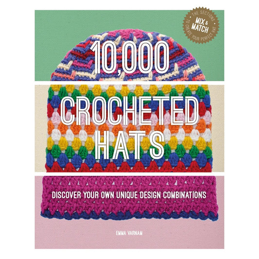 Checker Distributors book cover with colorful crocheted hat samples titled 10000 Crocheted Hats crochet hat inspiration book