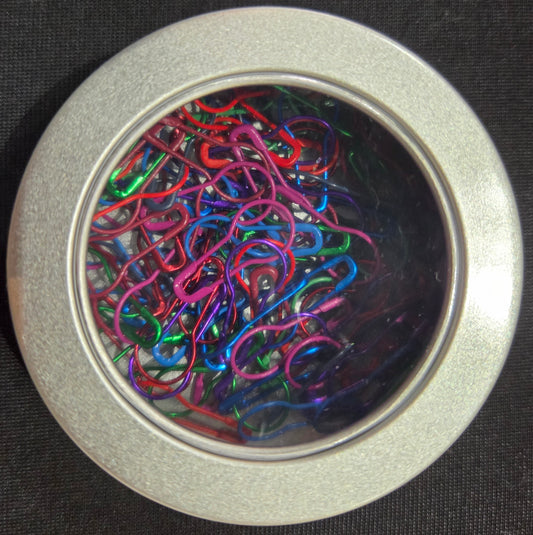 AriYARN stitch marker set in round silver tin with clear lid showing colorful loop stitch markers for knitting