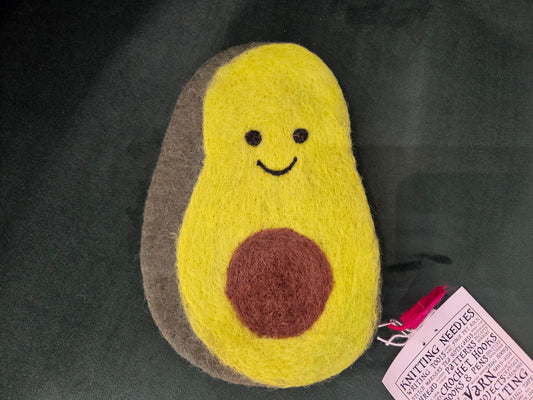 Frabjous Fibers avocado bag felted avocado pouch with smiling face brown pit and zipper closure
