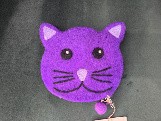 Frabjous Fibers notions pouch purple felt cat shaped pouch with embroidered face and pom zipper pull
