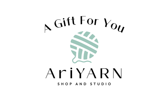 AriYARN Shop gift certificate showing mint green yarn logo with A Gift For You arc and AriYARN Shop and Studio text