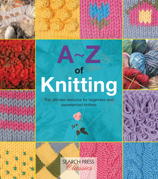 Checker Distributors A-Z of knitting book cover with colorful knitted swatches and yarn balls