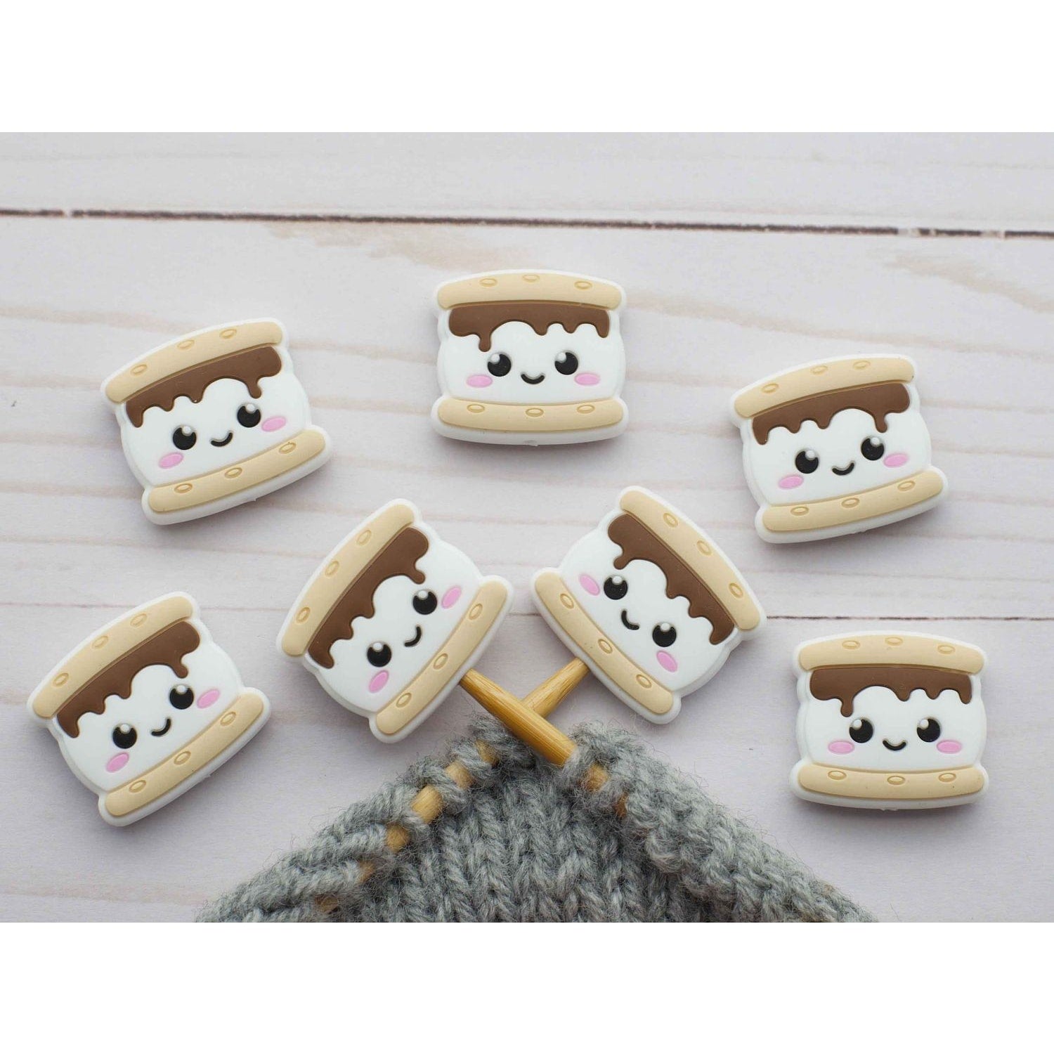 Cute s'mores stitch markers, perfect accessories for knitting projects from Fox & Pine Stitches