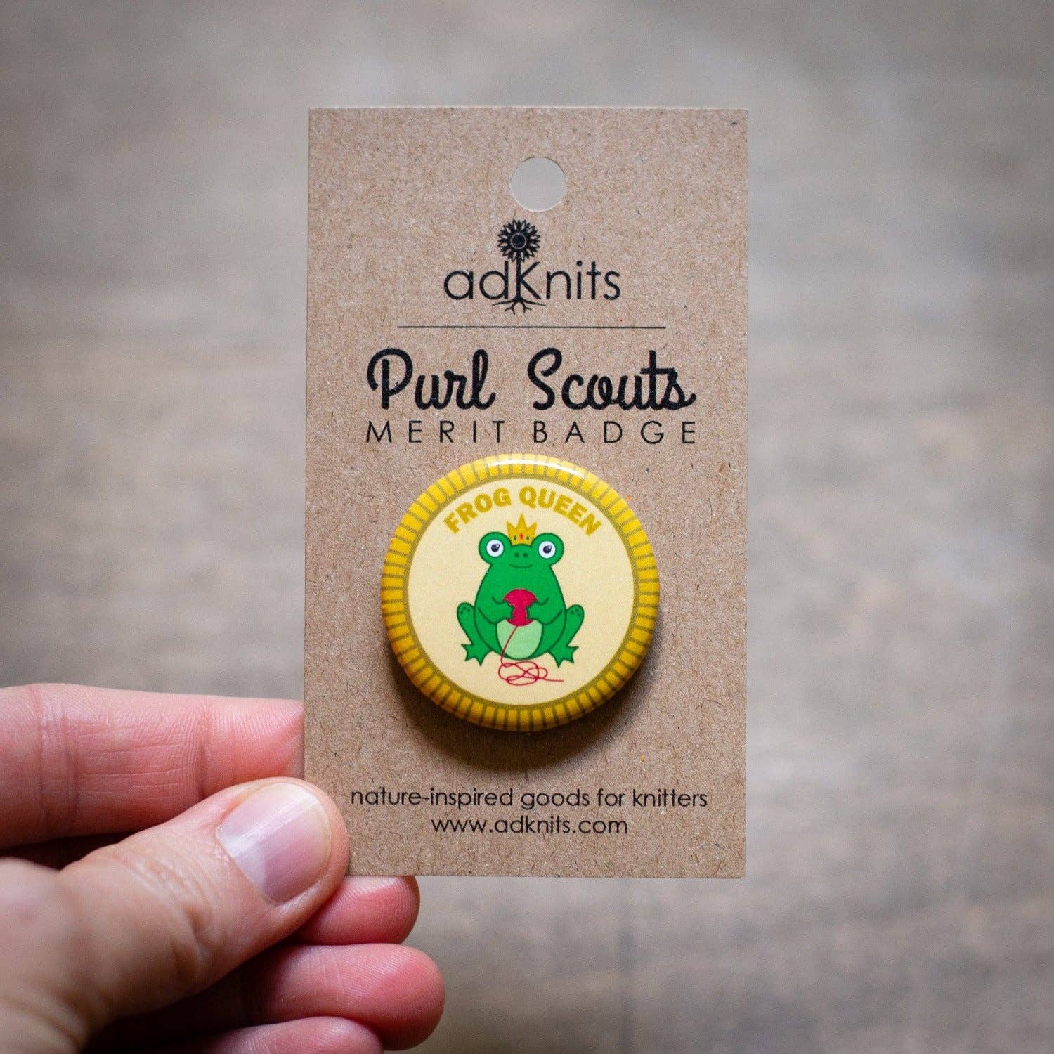Camp Stitchwood Purl Scouts Frog Queen Merit Badge for knitting knits enthusiasts