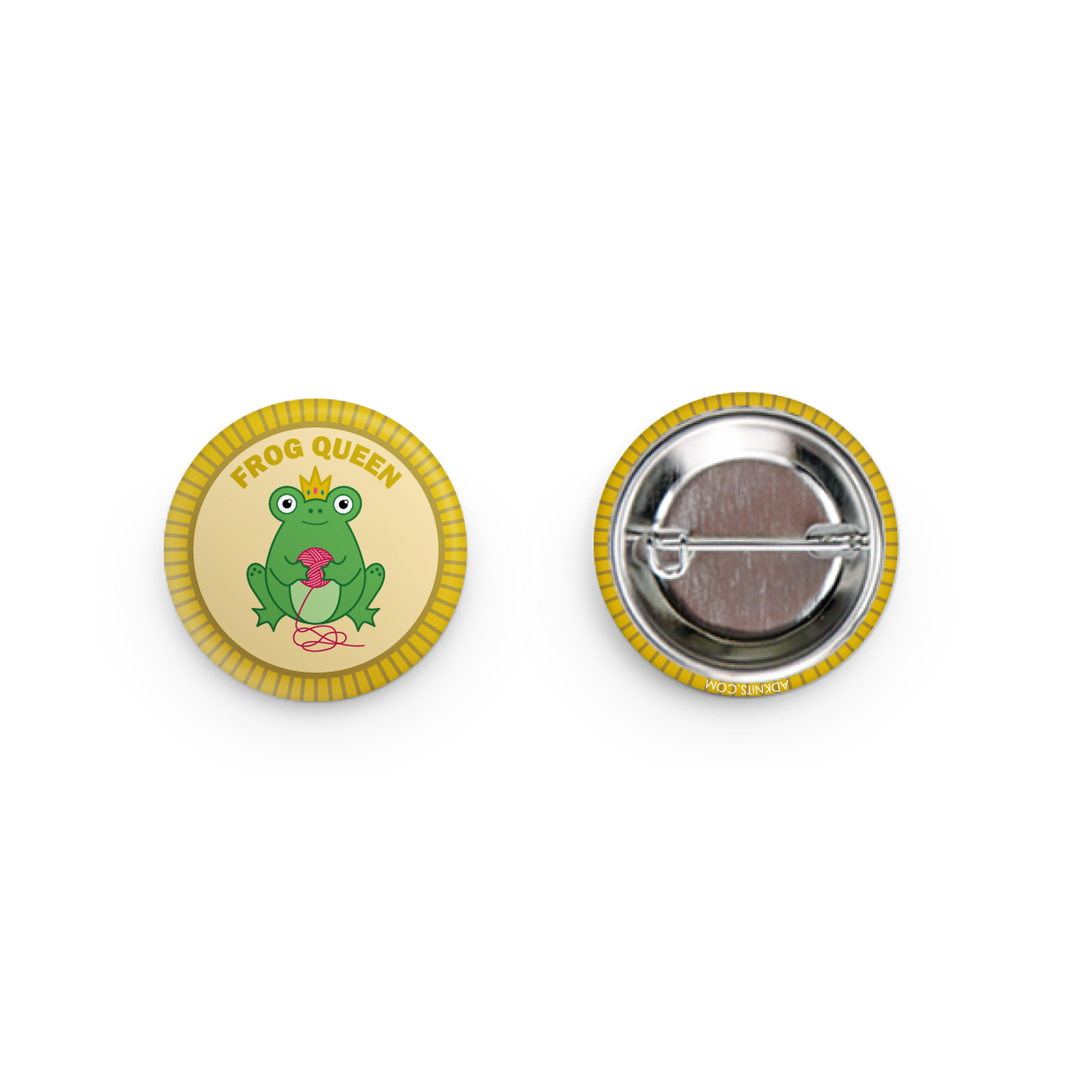 Frog Queen Button featuring a cute frog holding knitting knits with a colorful design