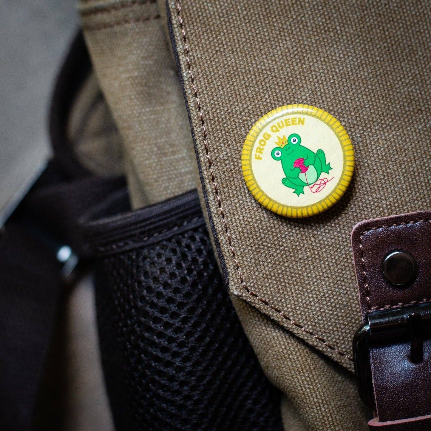 Camp Stitchwood Frog Queen Badge on Knitting Bag, perfect for proud knitting knits enthusiasts