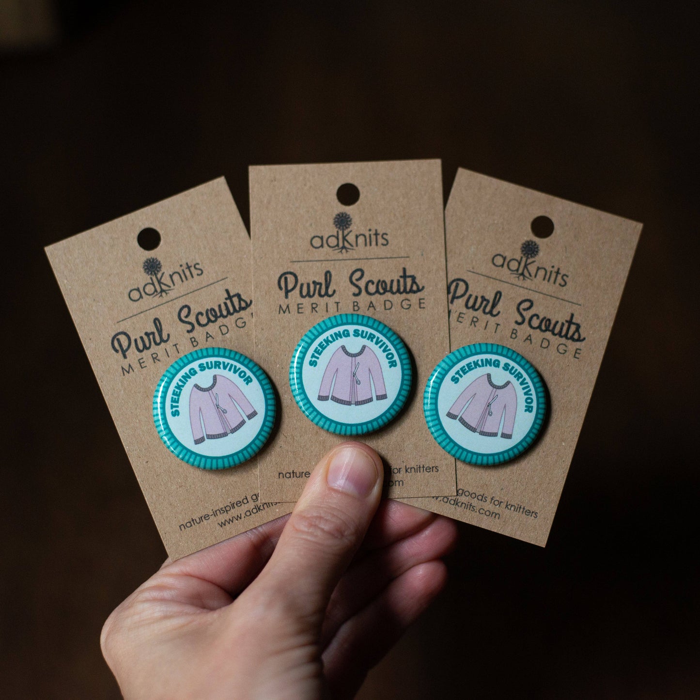Purl Scouts merit badge set featuring Seekung Survivor design for knitting knits enthusiasts