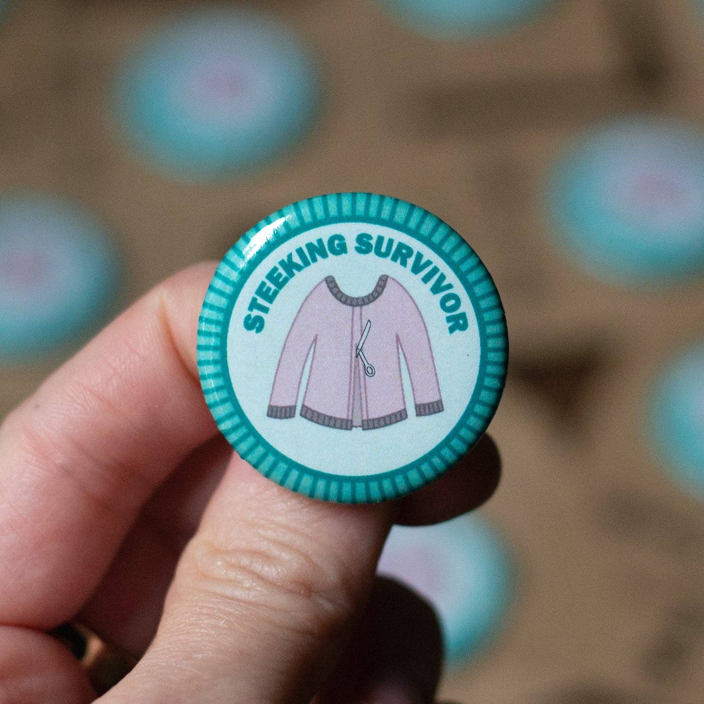 Camp Stitchwood Steeking Survivor Button with Knitting Design for knitting knits enthusiasts