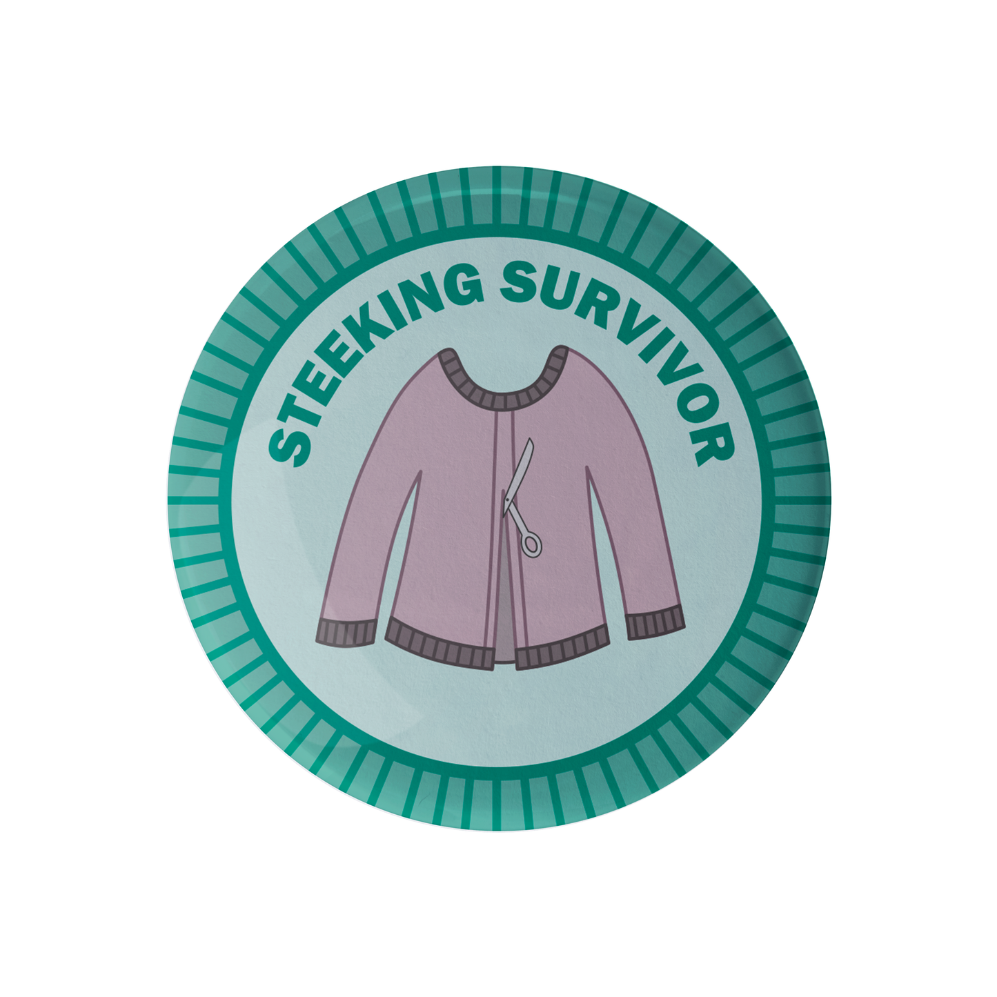 Steeking Survivor Badge featuring a cut cardigan design for lovers of knitting knits