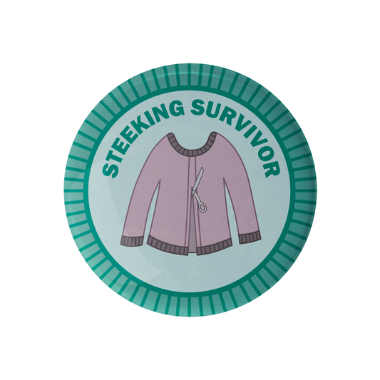 Steeking Survivor Badge featuring a cut cardigan design for lovers of knitting knits