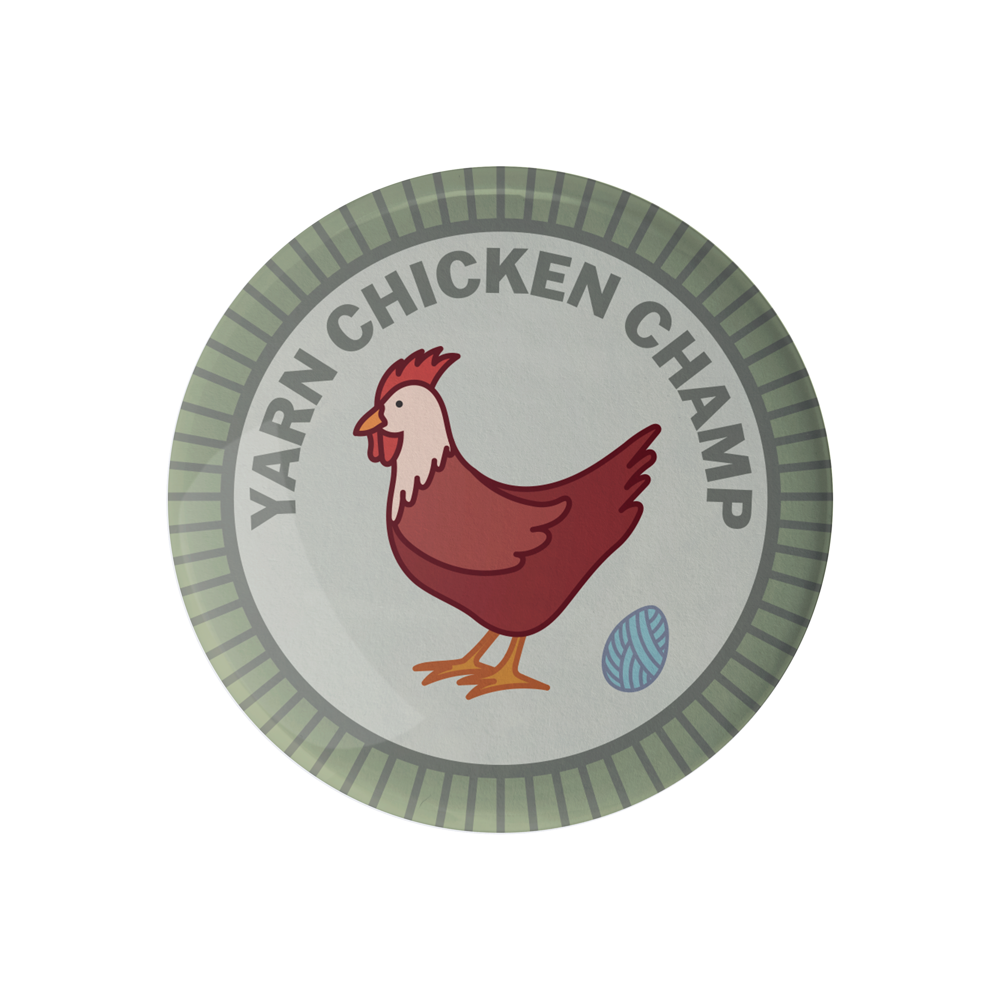 Yarn Chicken Champ Badge featuring a cartoon chicken and a yarn ball, perfect for yarn retailers near me