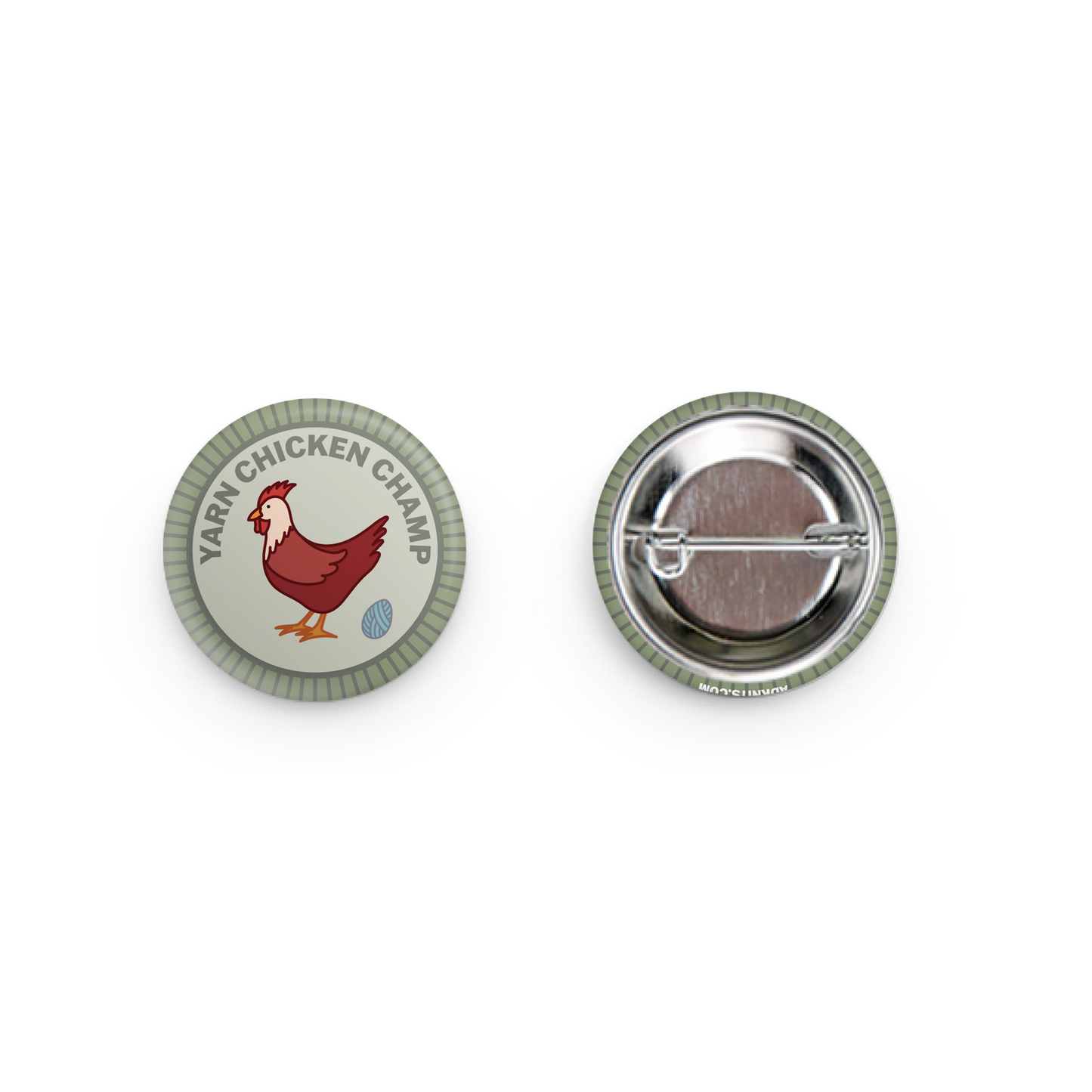 Camp Stitchwood Yarn Chicken Champ Button Pin for Yarn Enthusiasts and Yarn Retailers Near Me