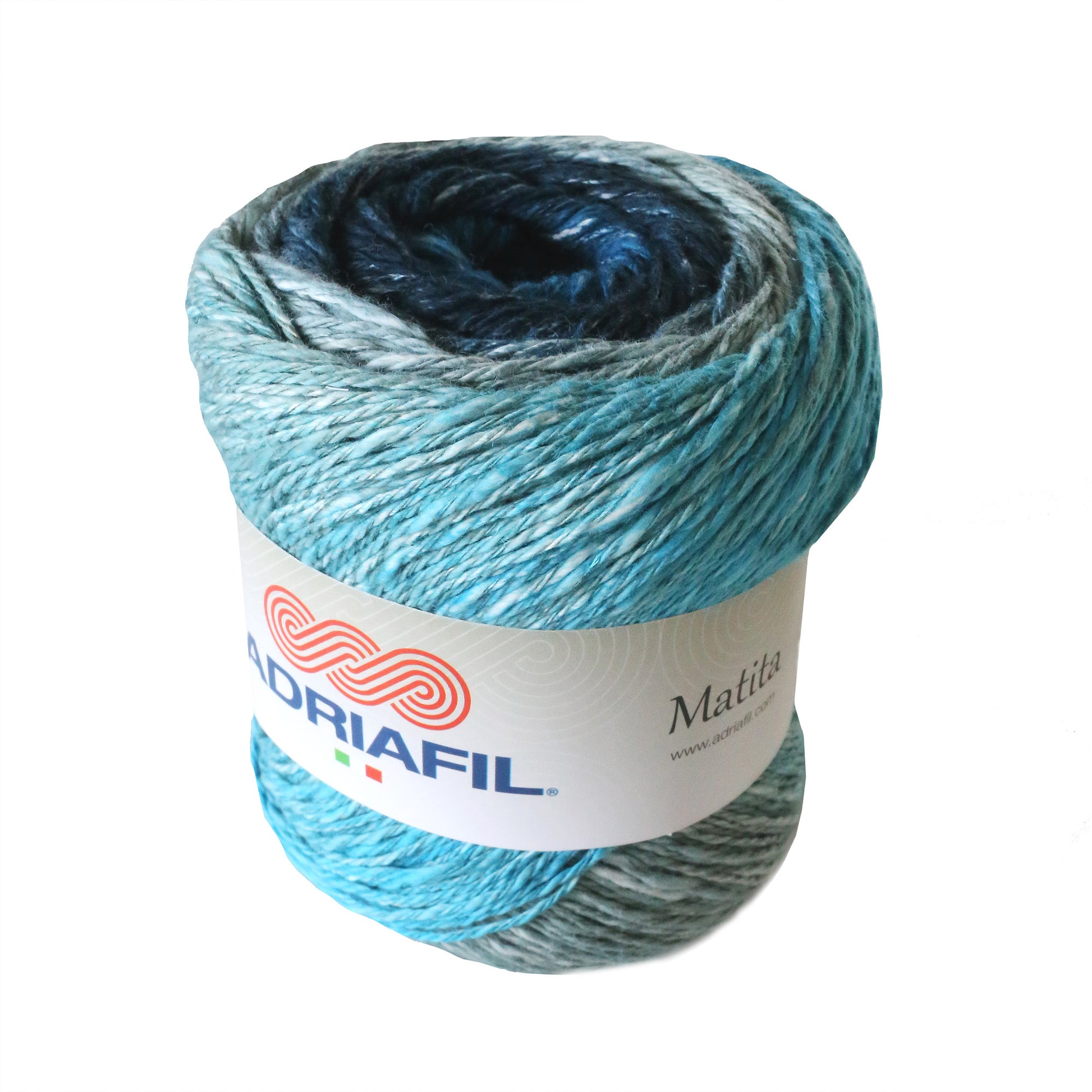 Plymouth Yarn Adriafil Matita yarn in shades of blue and gray for knitting and crocheting projects