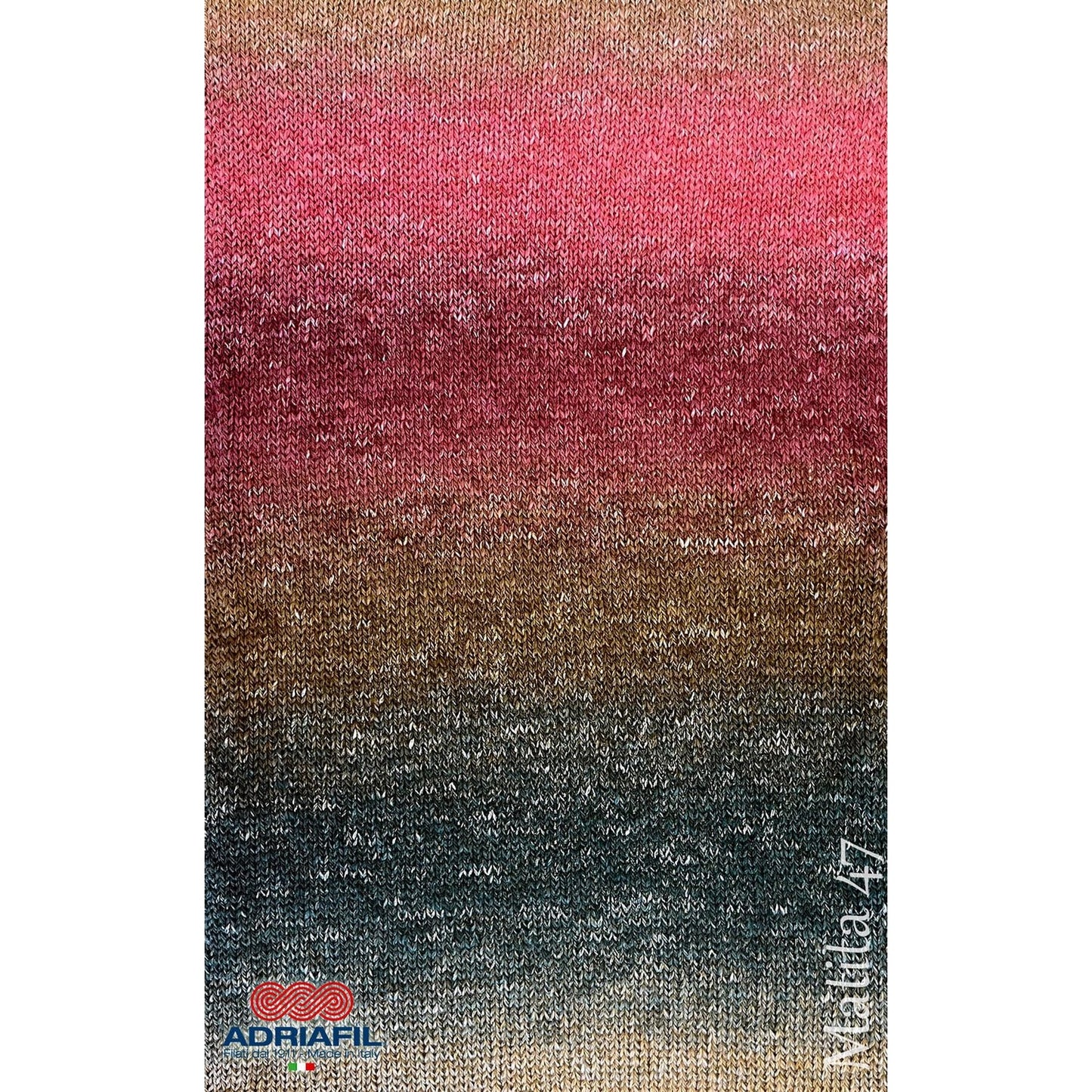 Adriafil Matita yarn in vibrant gradient colors of pink, brown, and blue for creative knitting projects