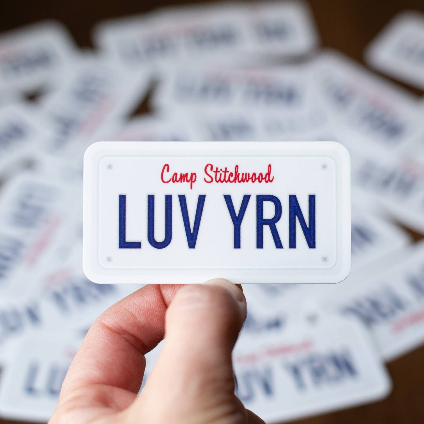 Camp Stitchwood LUV YRN License Plate Sticker for advanced base camp enthusiasts
