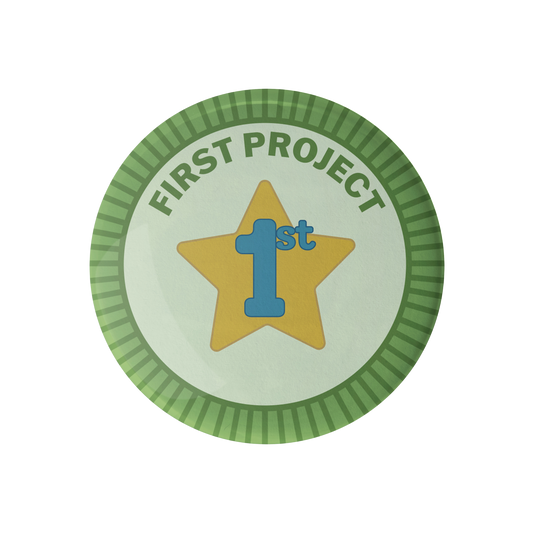 Camp Stitchwood Advanced Base Camp First Project Badge with a star and green border