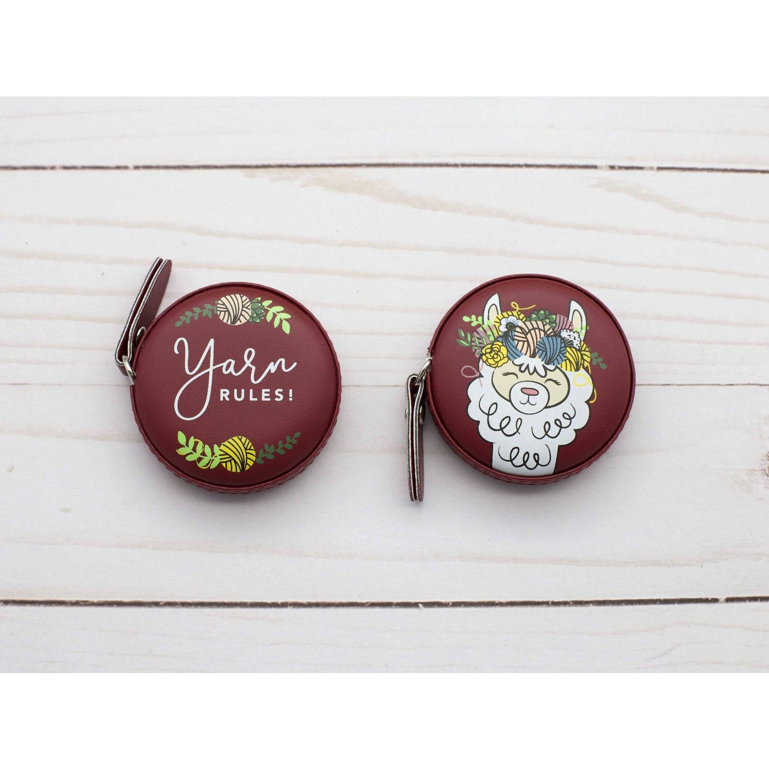 Maroon Yarn Rules Coin Purse featuring alpaca species design, perfect for knitters and crocheters