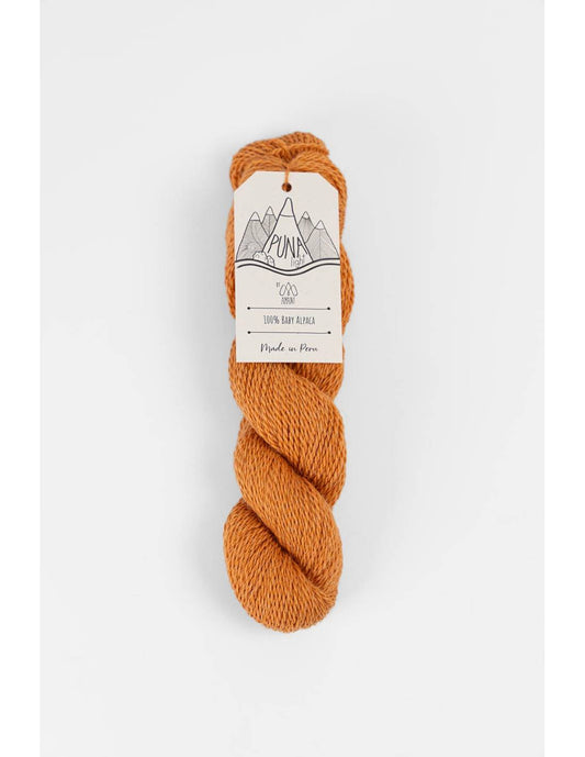 Berroco Amano Puna Light baby alpaca yarn in warm rust orange twisted skein with label