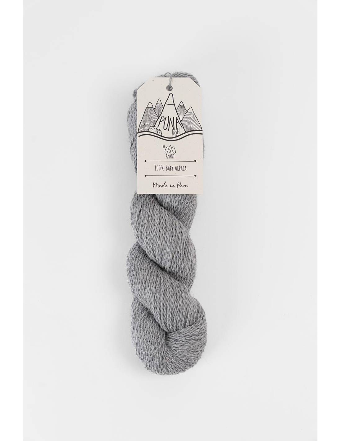 Amano Puna Light baby alpaca yarn gray twisted skein with label made in Peru soft lightweight fiber for knitting