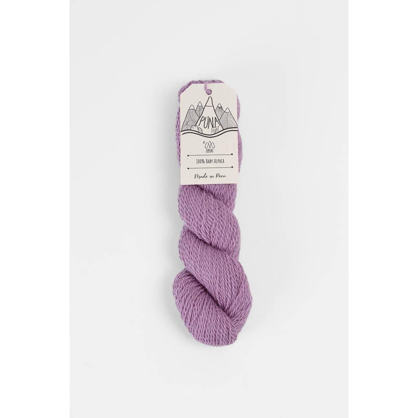 Berroco Amano Puna Light baby alpaca yarn lavender twisted skein with paper label showing mountain logo