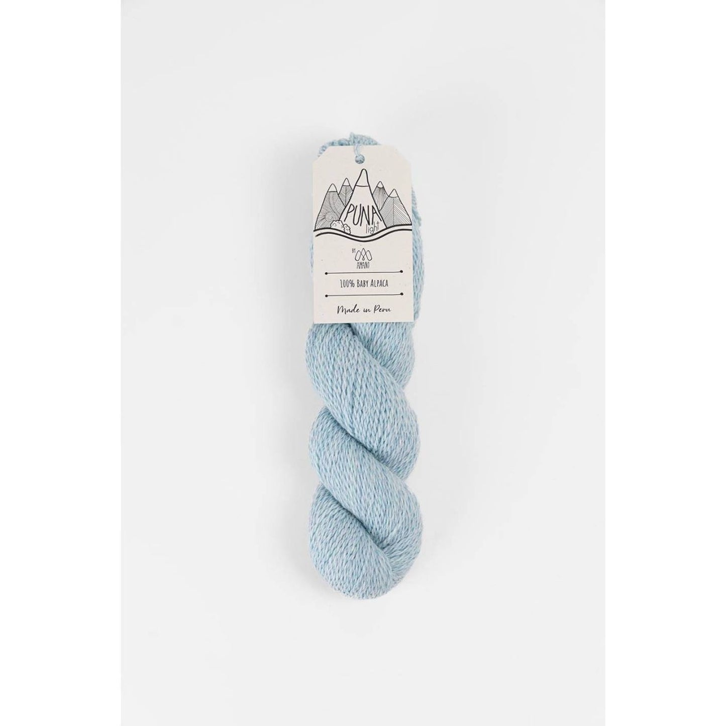 Amano Puna Light baby alpaca yarn light blue skein with label showing Puna logo for knitting projects
