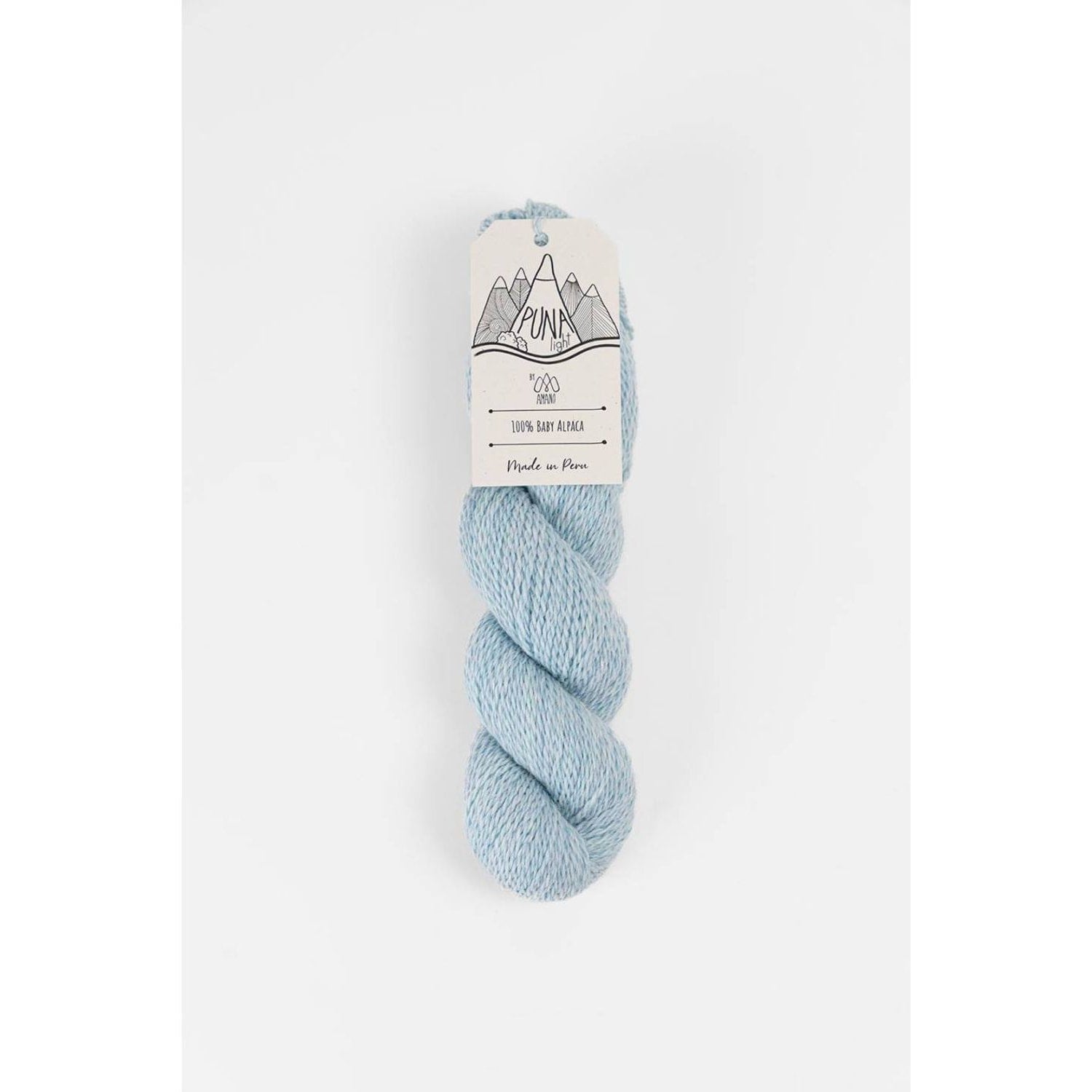 Amano Puna Light baby alpaca yarn light blue skein with label showing Puna logo for knitting projects