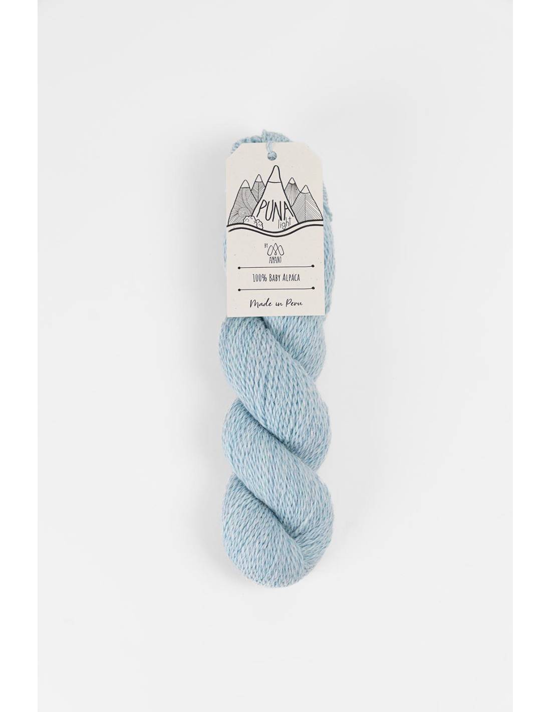 Amano Puna Light baby alpaca yarn light blue skein with label showing Puna logo for knitting projects