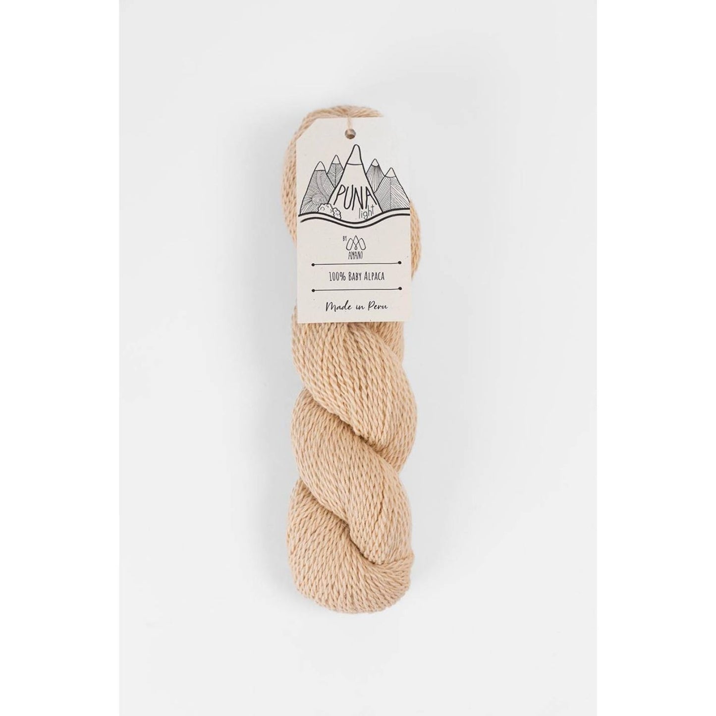 Amano Puna Light baby alpaca yarn skein in natural beige with Berroco tag for soft lightweight knitting projects