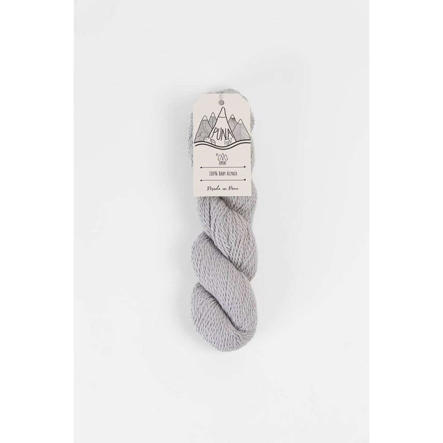 Berroco Amano Puna Light baby alpaca yarn skein in light gray twisted hank with paper label