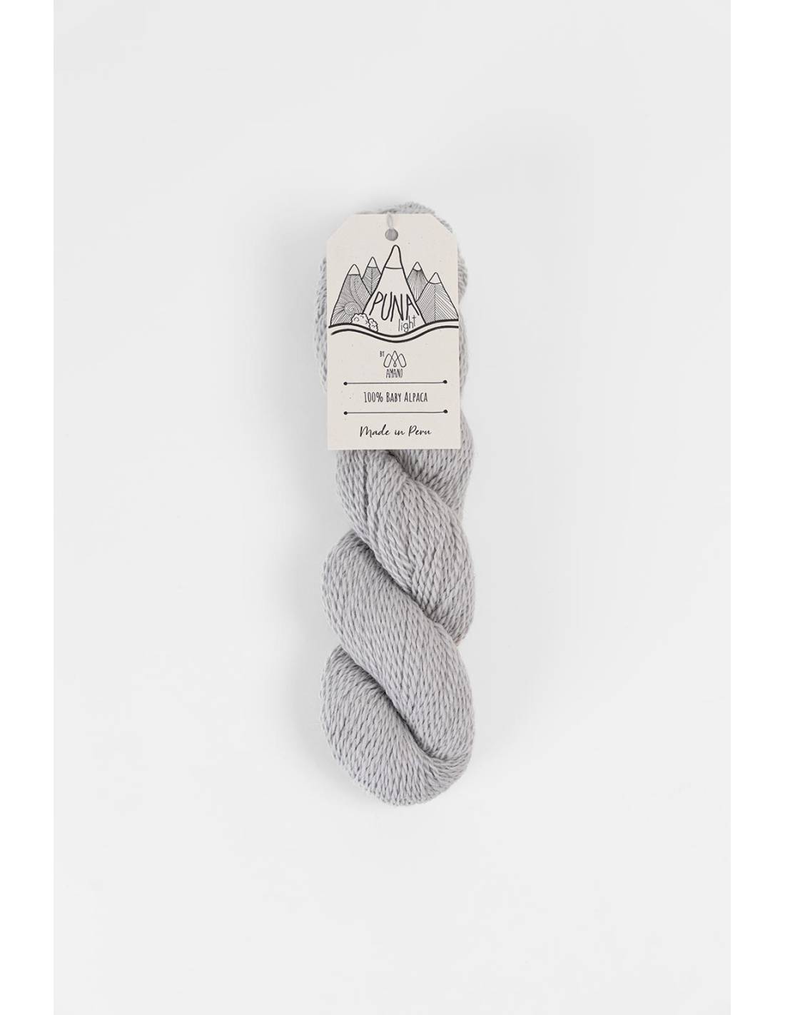 Berroco Amano Puna Light baby alpaca yarn skein in light gray twisted hank with paper label